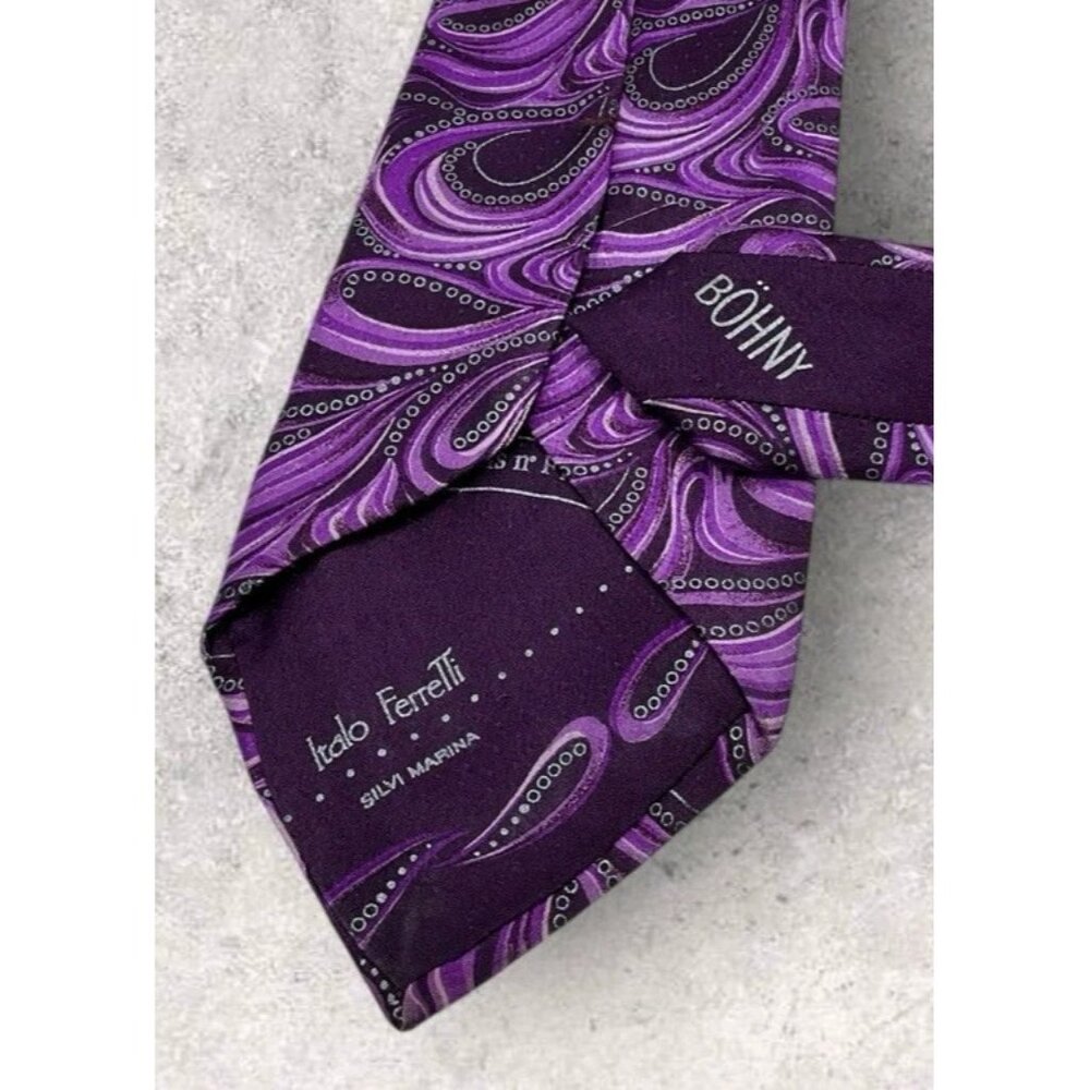 ITALO FERRETTI Silk Tie ITALY XL Purple Silver Paisley W:3.5" EUC - Picture 5 of 6
